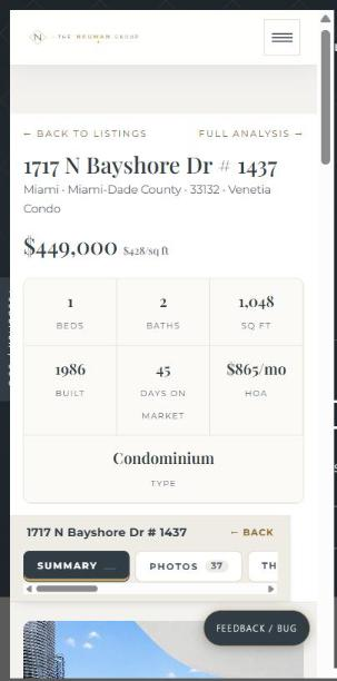Listing page after the fix: photo fits, stats wrap onto three rows, no sideways scrollbar