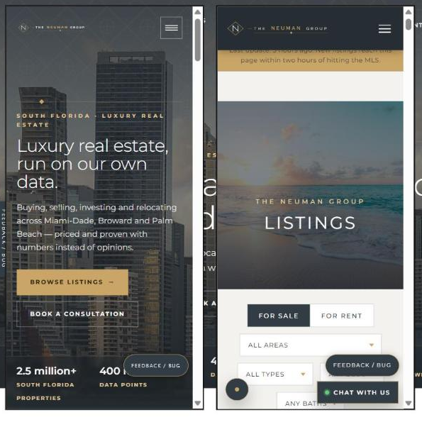 Home and listings pages after: feedback is a small pill in the bottom right above the chat bubble