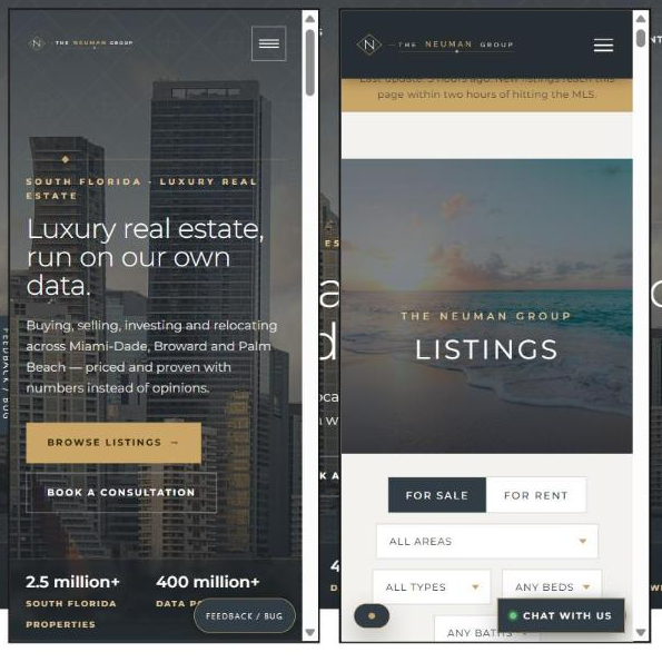 Home and listings pages before: the feedback strip runs down the left edge over the paragraph